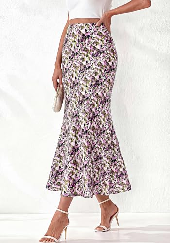 BTFBM Midi Skirts for Women 2026 Summer Spring Lightweight A Line High Waisted Wedding Guest Party Silk Long Skirt(Pink Green Camo, Large) — view 6
