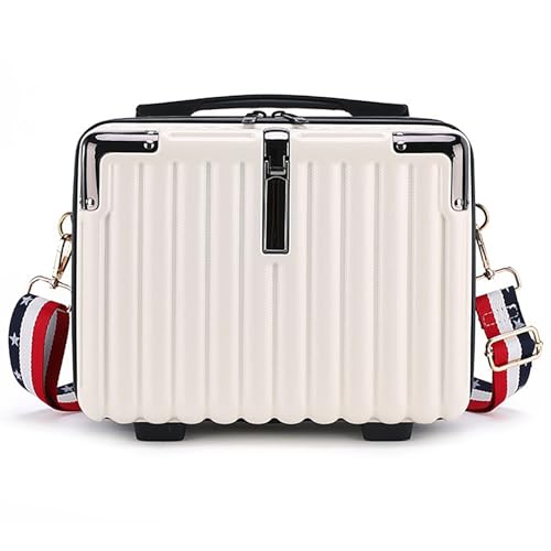 Image of Duleylv Mini Suitcase Hard Shell Makeup Case Stress-Resistant ABS Hard Makeup Travel Case Portable Hand Luggage with Shoulder Strap for Travel Camping Home Organizer White