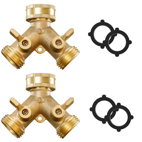 IPOW Solid Brass Body Backyard 2 Way Heavy Duty Y Valve Garden Hose Connector Splitter Adapter + 4 Rubber Hose Washers with Comfort Grip Use, 2 Pack