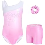 Gogokids Conjunto de gimnasia de tres piezas para niña, leotardos sin mangas con pantalones cortos y banda para el pelo, conjunto de ballet brillante, conjunto de gimnasia con diseño de color