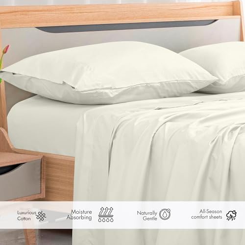 Image of Royale Linens 300 Thread Count 100% Long Staple Combed Cotton - Super Soft -Top Sheet - TwinXL Flat Sheet Sold Separately - Breathable, Cool & Crisp Percale Flat Sheet Only (Twin XL, Ivory)