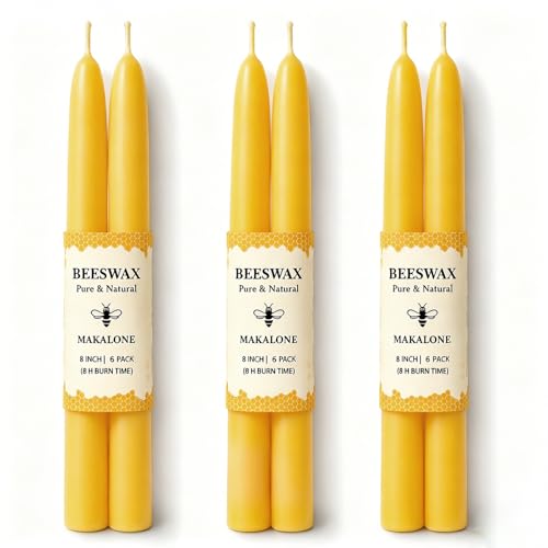 Beeswax Taper Candles 8in Pure Beeswax Candles Bluk-6 Pcs 8 Hours Long Burning Bees Wax Candle for Home Dripless Smokeless Taper Candle Sticks for Prayer Party Unscented Natural Taperd Candles