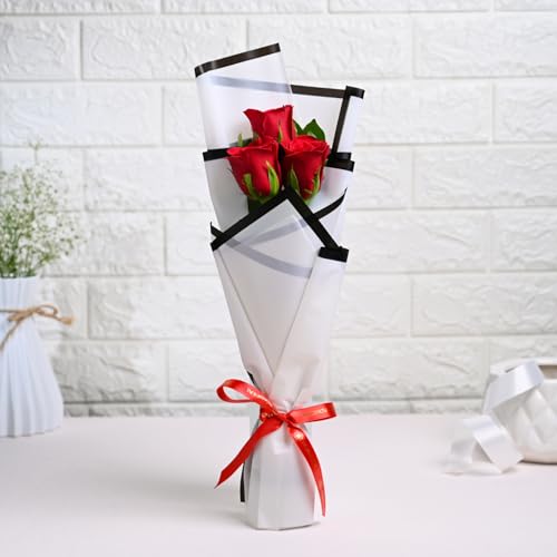 Image of FlowerAura Premium Fresh Live Flower Bouquet of 3 Red Roses In Designer Paper Gift For Birthday | Anniversary | Love | Home Decor | Fathers Day Gift For Dad (Same Day Delivery)