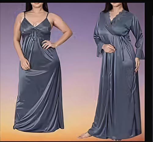 Image of Women's Satin Solid Maxi Nighty Full Sleeve 1 Nighty, 1 Wrap Gown Night Dress Ladies