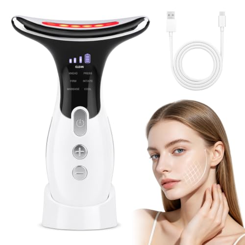 Appareil Massage Visage et Cou LED avec Chaleur et Refroidissement, 7 Modes de Soin, 3 Niveaux Intensité, Masseur Vibrant pour Cou Double Menton, Routine Beauté et Relaxation de la Peau