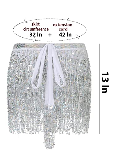 Sequin Skirt Fringe Skirt Belly Dance Hip Skirt Rave Party Costume Sparkle Skirt With Heart Sunglasses For Women And Girls (White) #TOP1