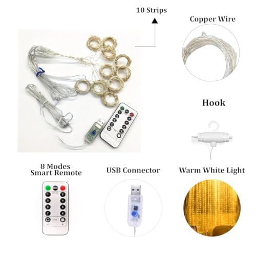 Image of MPROW Plastic Fairy Curtain String Lights for Wall Decoration, Warm White USB Powered 300 LED's, 8 Flashing Modes, Window Backdrop Strip Lights for Bedroom, Party, Diwali, Christmas - 3x3 Meter