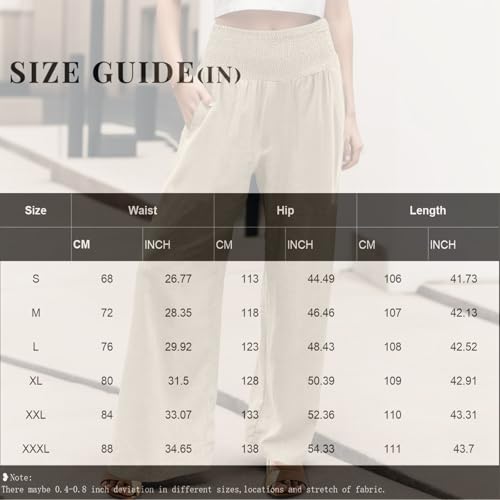 Wide Leg Linen Pants for Women Summer Boho Beach Flowy Smocked Elastic High Waisted Lounge Palazzo Pants with Pockets3