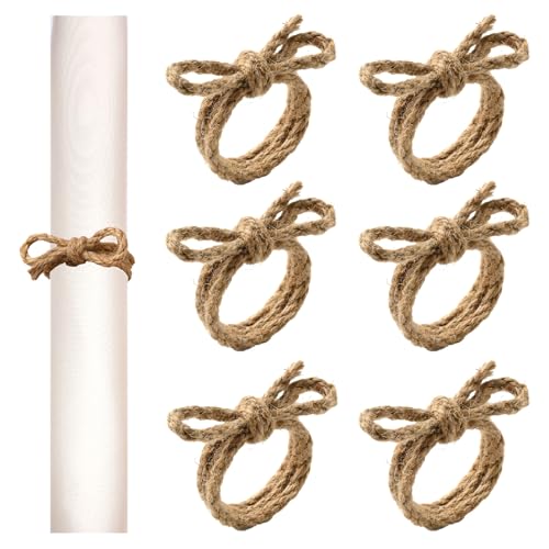 KASESSS 6 PièCes Noeud Rond De Serviette De Table en Corde De Jute, Rustique Naturelle Fait Main Rond De Serviette pour Style ChampêTre DéCoration Table,...