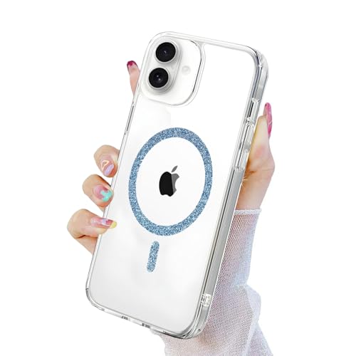 Image of AIBEX Back Cover Case Compatible with iPhone 16 Plus | Glitter Ring Cute Shiny Colorful Bling Case (Compatible with Magsafe) | Transparent PC+TPU Glossy Shiny Cover for Girls & Women - Blue