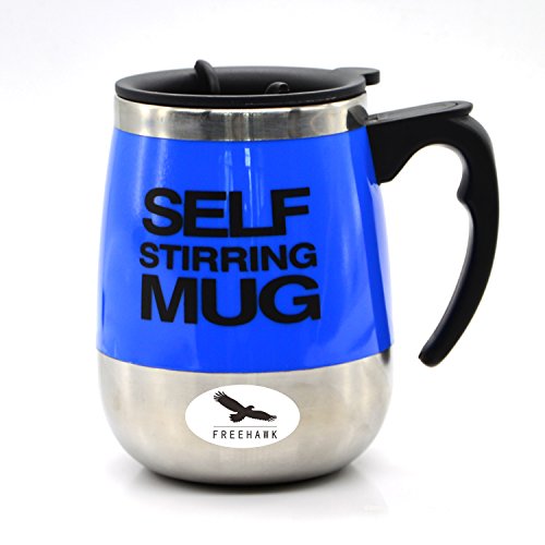 FREEHAWK® Hot Sale Novelty Automatic Electric Stirring Coffee Mug Double Layer Stainless Steel Self Stirring Auto Coffee Mugs Self Mixing Cup for Morning, Office, Travelling in Blue (450ml/15.2oz)