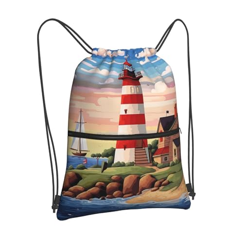 Drawstring Backpack Waterproof Draw String Bag Gym Drawstring Bags Coastal Lighthouse Swim Bag for Men Women2