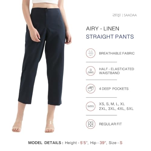 Image of SAADAA Women's Airy Linen Straight Pants | Regular Fit Trousers | Half Elasticated with Drawstrings & Buttons | 4 Pockets | Everyday & Office Wear
