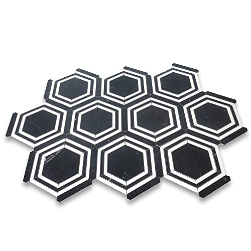 Stone Center Online Nero Marquina Black Marble 5 Inch Hexagon Georama Geometric Mosaic Tile W/Thassos White Strips Honed Kitchen Bath Wall Floor Backsplash Shower (1 Sheet) #TOP2