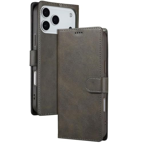 Étui en cuir iPhone 17 gris à rabat avec porte-cartes intégré