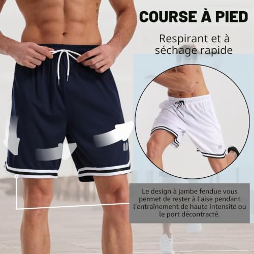 fovdtaa Lot de 5 shorts de sport pour homme à séchage rapide avec poches et taille élastique, Noir, gris, bleu, bleu marine, vert, L – vue 6
