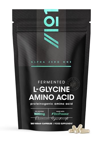 Fermented L Glycine 1500mg with BioPerine 180 Vegan Capsules High Strength L Glycine Amino Acid Supplement Resealable and Recyclable Pouch By Alpha01