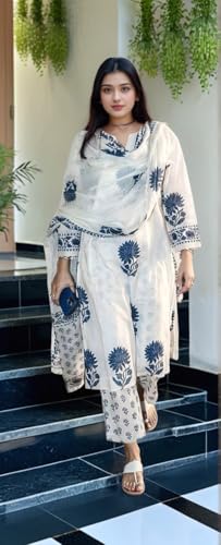 Image of GoSriKi Kurta Sets for Women Viscose Printed | Kurta Pant Dupatta Set | Straight Kurti Set | Round Neck V-Slit 3 /4 Sleeve Ethnic Outfit | Designer Indian Kurti Clothing with Pants