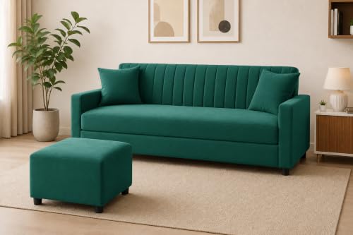 Image of Modern 3-Seater Velvet Sofa with Ottoman| Vertical Channel Tufted Backrest | Comfortable Living Room Sofa | Contemporary Furniture for Home, Bedroom & Office | Green