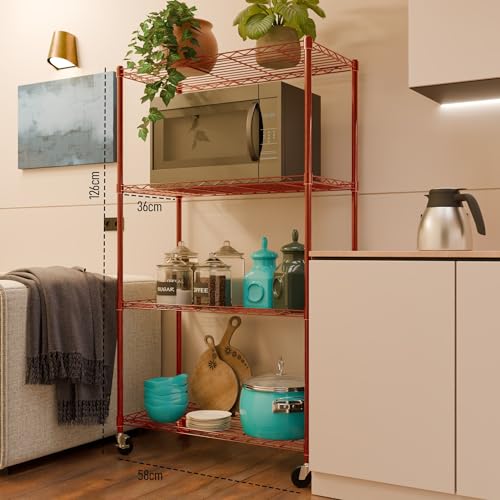 Image of 4-Shelves Wheels Heavy Duty Steel Storage Rack | Multipurpose Shelving Unit for Kitchen, Home & Utility (Red, 4 Shelves Wheels)