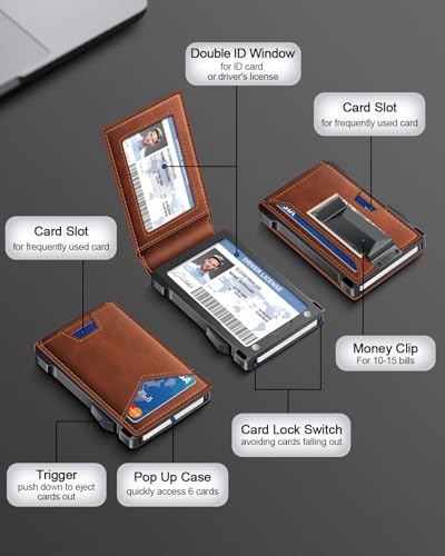 Image of Wallet for Men RFID Wallet with 2 ID Windows & Money Clip, Slim Card Holder | 10-12 Cards Bifold Minimalist Smart Pop Up Wallet for Front Pocket Compact Metal Credit Card Holder Birthday Gifts for Men