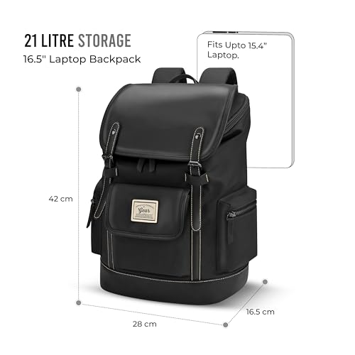 Image of Gear Classic 16.5 inch /21L Medium Water Resistant Faux Leather Anti Theft Knapsack | Laptop Bag | Casual Bag | Travel Bag for Men /Women (Black - Black)