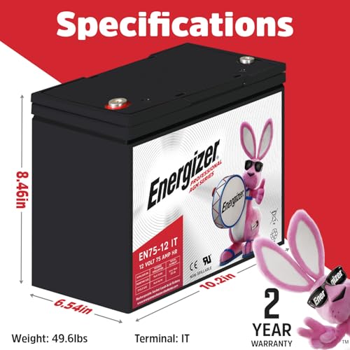 Image of Energizer EN75-12IT, 12 Volt 75 Amp Hr, Long Lasting Sealed Lead Acid AGM Rechargeable Battery Ideal For Use In Wheelchairs, Electric Scooters, Sump Pumps, and more
