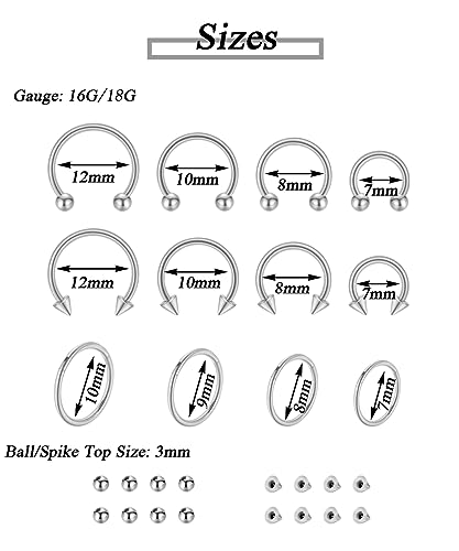 24Pcs 18G 16G Stainless Steel Septum Nose Rings Horseshoe Nose Hoops for Men Women Lip Ring Cartilage Tragus Helix Daith Earrings Septum Piercing Jewelry Replacement Balls Spikes3