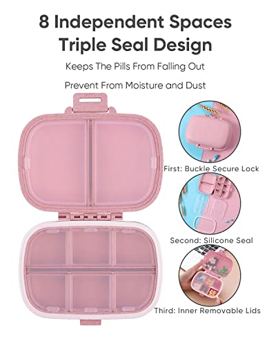 Holii 2 Pack 8 Compartments Travel Pill Organizer, Pocket Pharmacy For Purse Daily Pill Box Portable Medicine Organizer Vitamin Holder Container (Light Pink) #TOP3