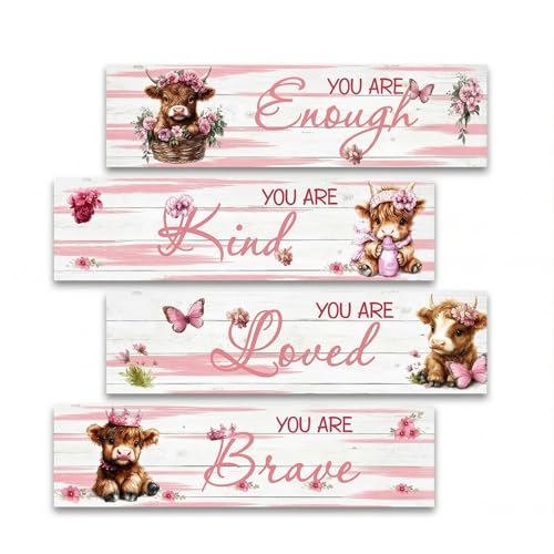PAMBO Highland Cow Nursery Wall Decor - Set of 4 Wooden Affirmation Signs for Kids Room Pink Floral Highland Cow Decor for Baby Girl Bedroom Playroom Wall Art with Pre-Installed Hooks 12 x 3