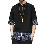 Men's Kung Fu Shirt,Traditional Chinese Hanfu Tang Suit Coat with Silk Printing,Half Sleeve Top for Casual Summer Outfits A-Black