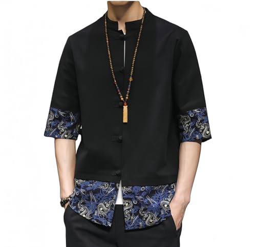 Men's Kung Fu Shirt,Traditional Chinese Hanfu Tang Suit Coat with Silk Printing,Half Sleeve Top for Casual Summer Outfits A-Black
