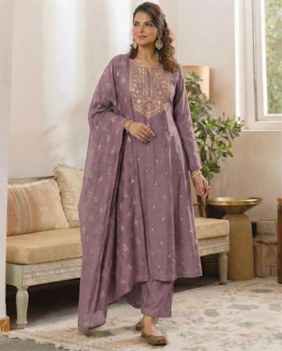 Image of ANNI Designer Women's Viscose Straight Printed Embroidery Kurta with Pant & Dupatta | Long Sleeve Ethnic Kurta Set for Women | Casual Office, Daily, Party Outfits