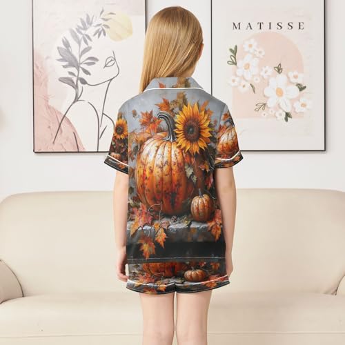 Satin Pajama Sets Short Sleeve Autumn Pumpkin with Sunflower Leaves Button Down Silky Nightwear 2 Piece PJS 5-14Y4