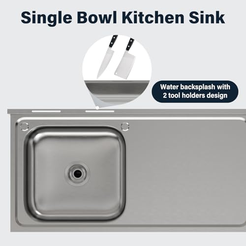 FIDOOVIVIA Stainless Steel Restaurant Kitchen Sink, Commercial Restaurant Sink with Drain & Backsplash, Catering Sink with Storage Shelf and Tap Hole(100x50x80cm, No Tap)