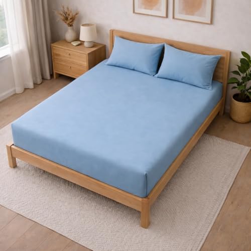 Image of THE HOME STYLE Solid Plain Cotton Feel Fitted Bedsheet (72x78 inches) with Reversible Comforter (90x100 inches) | King Size | 2 Pillow Covers | 300 TC | 4-Piece Bedding Set (Denim)