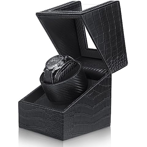 JQUEEN Single Watch Winder, Black Watch Winder Crocodile Pattern Leather with Quiet Japanese Motor Cover