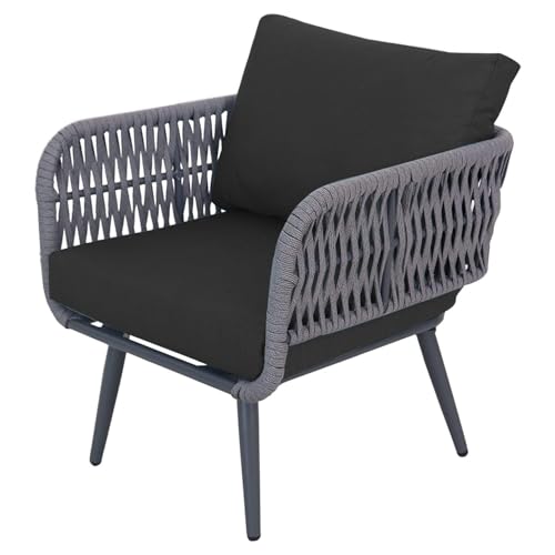 Image of LOCCUS 4-Piece Outdoor Rope Patio Furniture Set - All-Weather Waterproof Conversation Set with Cushions, Modern Woven Bistro Set for Balcony, Lawn, Garden, or Terrace (Black & Grey)