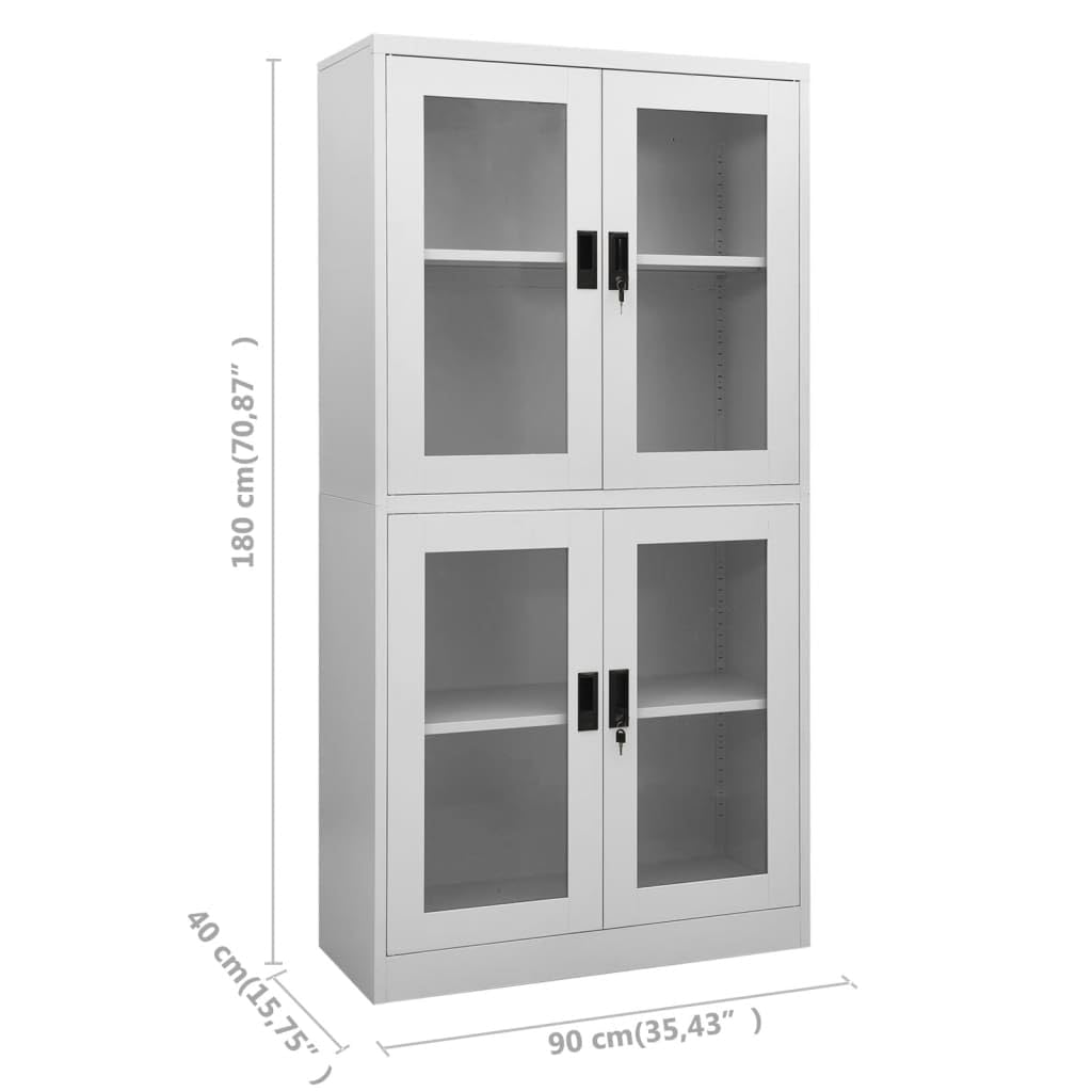 Armadio da ufficio grigio chiaro, 90 x 40 x 180 cm, in acciaio e vetro temperato, con serratura, scaffali regolabili, richiudibile, per ufficio, officina, cantina e soggiorno, ordine e spazio
