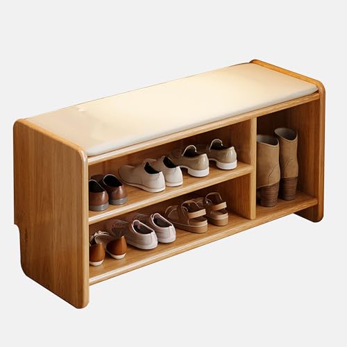 Banc d'entrée en bois avec rangement meuble chaussures noyer coussin cuir PU