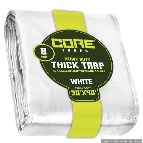 Core Tarps Heavy Duty 8 Mil Tarp Cover, Waterproof, UV Resistant, Rip and Tear Proof, Poly Tarpaulin with Reinforced Edges for Roof, Camping, Patio, Pool, Boat. (White 30 X 40)