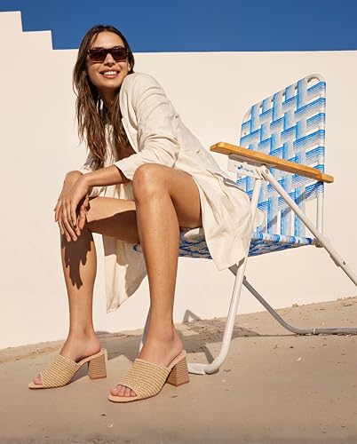 Image of Ancomafio Heeled Sandals for Women，Raffia Sandals 2026 Chunky Heels Square Toe Mules Block Summer Shoes Slip On