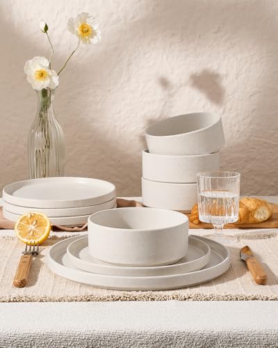 Image of Famiware Nebula Plates and Bowls Sets, 24 Pieces Stoneware Dinnerware Sets, Reactive Glaze Dish Set, Dishes Set for 8, Matte Beige White