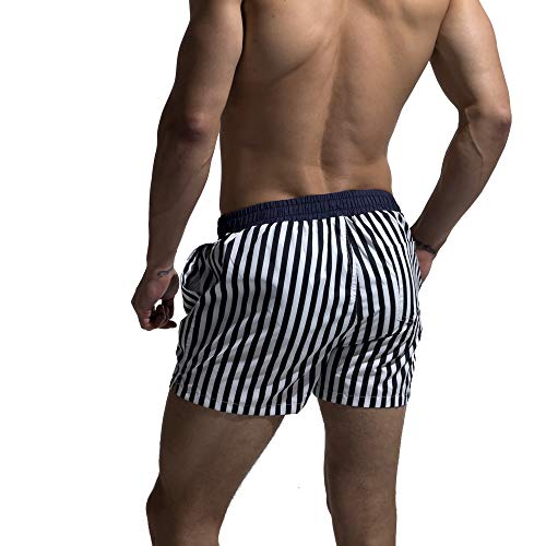 Men's Classical Board Shorts Navy Blue Striped Shorts Trunks Also for Gym3