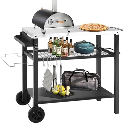 Kendane Grill Cart Table with Three Shelf, Movable Outdoor Dining Cart Pizza Oven Stand with Three Hooks, Kitchen Cart Island Multifunction Food Prep Table (Sliver) Cover