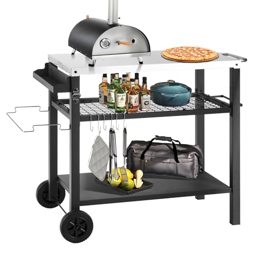Grill Cart Table with Three Shelf Movable Outdoor Dining Cart Pizza Oven Stand with Three Hooks Kitchen Cart Island Multifunction Food Prep Table Sliver