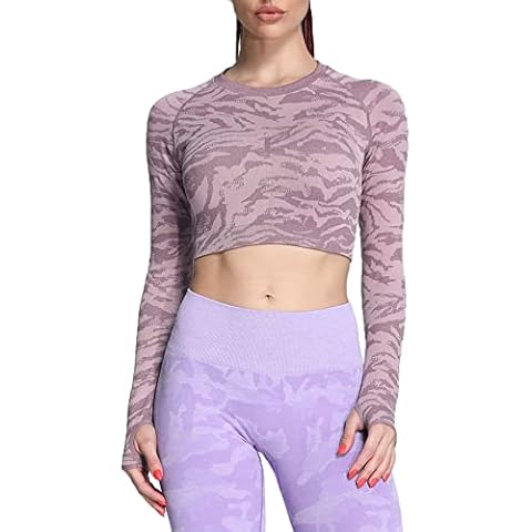Aoxjox Women's Adapt Camo Seamless Workout Long Sleeve Crop Top Gym Sport Shirts, Adapt Animal Mallow Purple, Medium Cover