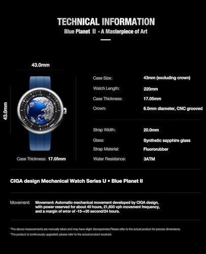 Image of CIGA Design Mechanical Automatic Watch Blue Planet U Series Stainless Steel /Titanium /Ceramics Case Sapphire Crystal Fluororubber /Ceramics Strap Watches Gifts for Men and Women