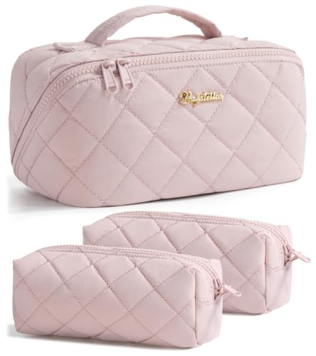 Image of Travel Makeup Bag, Large Capacity Puffy Toiletry & Cosmetic Bag for Women | 3 PCS Open Flat Quilted Makeup Cosmetic Organizer, Waterproof w /Clear Divider Portable Pouch for Skincare Travel Essentials