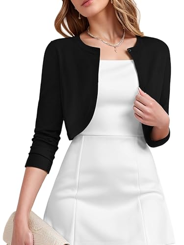 Heymoments Women's Cardigan 3/4 Sleeve Casual Shrug Lightweight Open Front Cropped Trendy Vacation Black X-Large Sweater Bolero Jacket Beach Cover Up Outfits Shirt for Dress